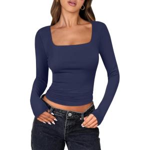 ANRABESS Women Double Lined Long Sleeve Crop Tops Shirts Square Neck Tight Fitted Going Out T-Shirt Basic Tee Outfits 2025(Navy Blue)