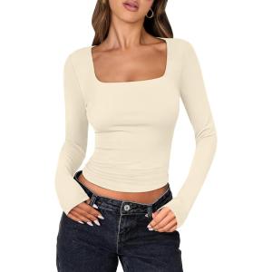 ANRABESS Women Double Lined Long Sleeve Crop Tops Shirts Square Neck Tight Fitted Going Out T-Shirt Basic Tee Outfits 2025(Parchment Apricot)