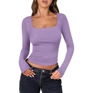 ANRABESS Women Double Lined Long Sleeve Crop Tops Shirts Square Neck Tight Fitted Going Out T-Shirt Basic Tee Outfits 2025(Purple)