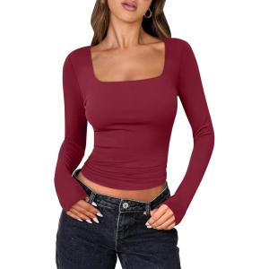 ANRABESS Women Double Lined Long Sleeve Crop Tops Shirts Square Neck Tight Fitted Going Out T-Shirt Basic Tee Outfits 2025(Red)