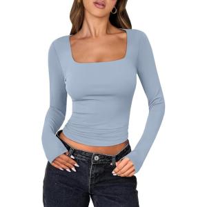 ANRABESS Women Double Lined Long Sleeve Crop Tops Shirts Square Neck Tight Fitted Going Out T-Shirt Basic Tee Outfits 2025(Sky)