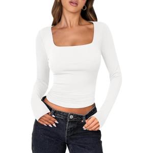 ANRABESS Women Double Lined Long Sleeve Crop Tops Shirts Square Neck Tight Fitted Going Out T-Shirt Basic Tee Outfits 2025(White)