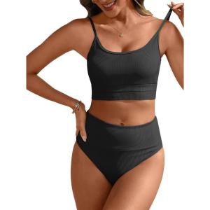 ANRABESS Women High Waisted Bikini Sets Color Block Summer Beach Vacation 2 Piece Bathing Suit Tummy Control Ribbed Swimsuit(Black)