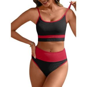 ANRABESS Women High Waisted Bikini Sets Color Block Summer Beach Vacation 2 Piece Bathing Suit Tummy Control Ribbed Swimsuit(Black Red)