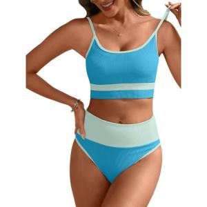 ANRABESS Women High Waisted Bikini Sets Color Block Summer Beach Vacation 2 Piece Bathing Suit Tummy Control Ribbed Swimsuit(Blue Green)