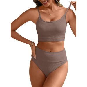 ANRABESS Women High Waisted Bikini Sets Color Block Summer Beach Vacation 2 Piece Bathing Suit Tummy Control Ribbed Swimsuit(Brown)