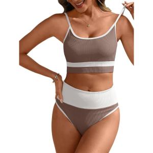 ANRABESS Women High Waisted Bikini Sets Color Block Summer Beach Vacation 2 Piece Bathing Suit Tummy Control Ribbed Swimsuit(Brown White)