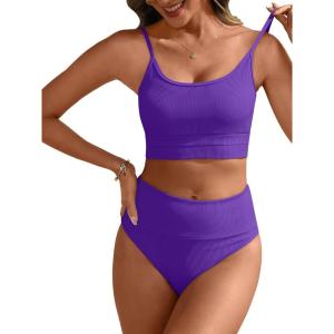 ANRABESS Women High Waisted Bikini Sets Color Block Summer Beach Vacation 2 Piece Bathing Suit Tummy Control Ribbed Swimsuit(Deep Purple)
