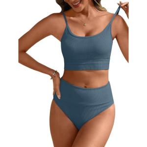 ANRABESS Women High Waisted Bikini Sets Color Block Summer Beach Vacation 2 Piece Bathing Suit Tummy Control Ribbed Swimsuit(Grey Blue)
