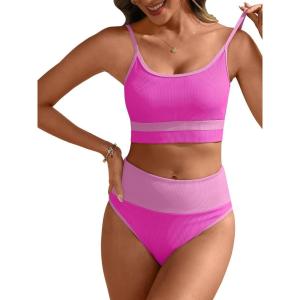 ANRABESS Women High Waisted Bikini Sets Color Block Summer Beach Vacation 2 Piece Bathing Suit Tummy Control Ribbed Swimsuit(Hot Pink)