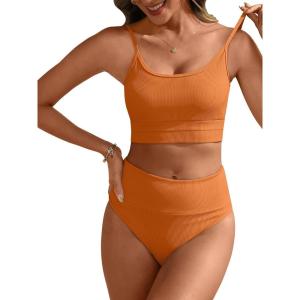 ANRABESS Women High Waisted Bikini Sets Color Block Summer Beach Vacation 2 Piece Bathing Suit Tummy Control Ribbed Swimsuit(Orange)