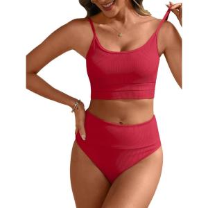 ANRABESS Women High Waisted Bikini Sets Color Block Summer Beach Vacation 2 Piece Bathing Suit Tummy Control Ribbed Swimsuit(Red)