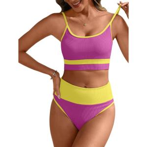 ANRABESS Women High Waisted Bikini Sets Color Block Summer Beach Vacation 2 Piece Bathing Suit Tummy Control Ribbed Swimsuit(Rose Yellow)