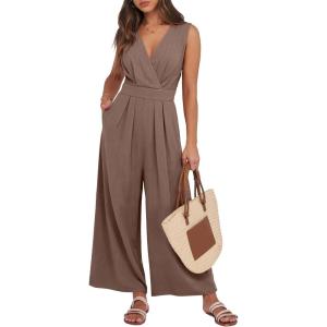 ANRABESS Women Jumpsuits Sleeveless V Neck Elegant Dressy Casual Backless One Piece Pants Romper 2025 Summer Outfits(Brown)
