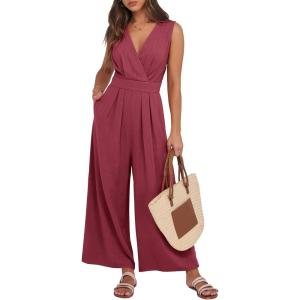 ANRABESS Women Jumpsuits Sleeveless V Neck Elegant Dressy Casual Backless One Piece Pants Romper 2025 Summer Outfits(Burgundy)