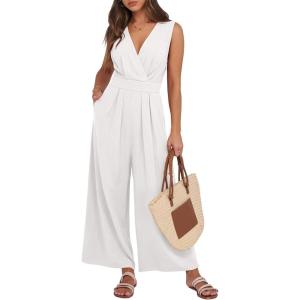 ANRABESS Women Jumpsuits Sleeveless V Neck Elegant Dressy Casual Backless One Piece Pants Romper 2025 Summer Outfits(White)