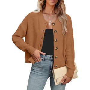 ANRABESS Women Knit Cardigans Sweater Open Front Button Down Long Sleeve Cropped Lady Jacket Outwear 2025 Fall Outfits(Brown)