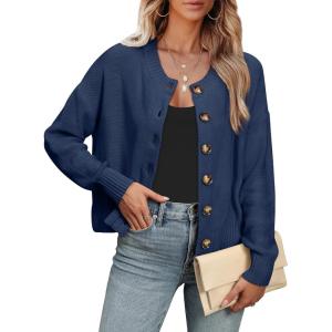 ANRABESS Women Knit Cardigans Sweater Open Front Button Down Long Sleeve Cropped Lady Jacket Outwear 2025 Fall Outfits(Deep Blue)