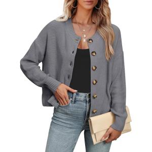 ANRABESS Women Knit Cardigans Sweater Open Front Button Down Long Sleeve Cropped Lady Jacket Outwear 2025 Fall Outfits(Deep Grey)