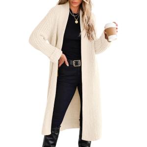 ANRABESS Women Knit Long Cardigan Long Sleeve Open Front Lapel Oversized Sweater Coat 2025 Fall Duster Outerwear Clothes(Beige)