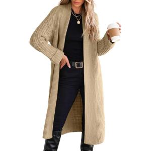 ANRABESS Women Knit Long Cardigan Long Sleeve Open Front Lapel Oversized Sweater Coat 2025 Fall Duster Outerwear Clothes(Khaki)