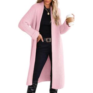 ANRABESS Women Knit Long Cardigan Long Sleeve Open Front Lapel Oversized Sweater Coat 2025 Fall Duster Outerwear Clothes(Pink)