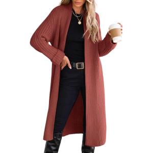 ANRABESS Women Knit Long Cardigan Long Sleeve Open Front Lapel Oversized Sweater Coat 2025 Fall Duster Outerwear Clothes(Rust)