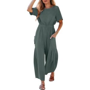 ANRABESS Women Linen Jumpsuits 2025 Summer Casual Loose Short Sleeve Wide Leg One Piece Jumper Romper Outfits Trendy Clothes Grey Blue Medium