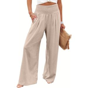 ANRABESS Women Linen Palazzo Pants Summer Boho Wide Leg High Waist Casual Lounge Pant 2025 Beach Travel Vacation Outfits(Almond)