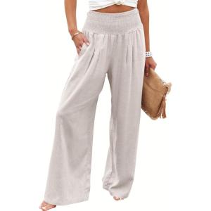 ANRABESS Women Linen Palazzo Pants Summer Boho Wide Leg High Waist Casual Lounge Pant 2025 Beach Travel Vacation Outfits(Apricot)