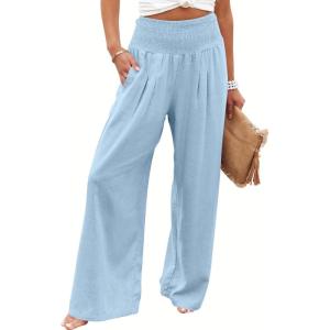 ANRABESS Women Linen Palazzo Pants Summer Boho Wide Leg High Waist Casual Lounge Pant 2025 Beach Travel Vacation Outfits(Baby Blue)