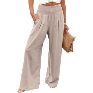 ANRABESS Women Linen Palazzo Pants Summer Boho Wide Leg High Waist Casual Lounge Pant 2025 Beach Travel Vacation Outfits(Beige)