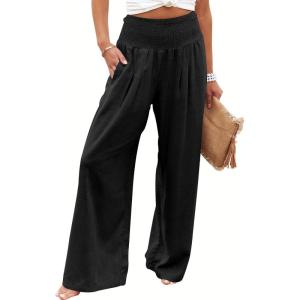 ANRABESS Women Linen Palazzo Pants Summer Boho Wide Leg High Waist Casual Lounge Pant 2025 Beach Travel Vacation Outfits(Black)