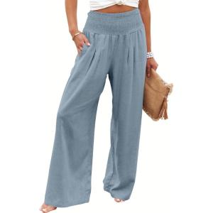 ANRABESS Women Linen Palazzo Pants Summer Boho Wide Leg High Waist Casual Lounge Pant 2025 Beach Travel Vacation Outfits(Blue)