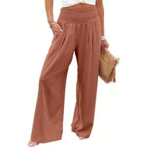 ANRABESS Women Linen Palazzo Pants Summer Boho Wide Leg High Waist Casual Lounge Pant 2025 Beach Travel Vacation Outfits(Brick Red)