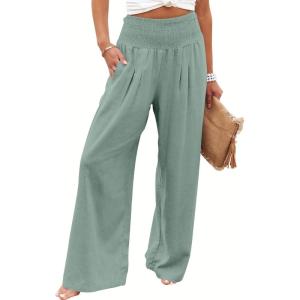 ANRABESS Women Linen Palazzo Pants Summer Boho Wide Leg High Waist Casual Lounge Pant 2025 Beach Travel Vacation Outfits(Green Blue)
