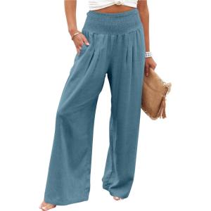 ANRABESS Women Linen Palazzo Pants Summer Boho Wide Leg High Waist Casual Lounge Pant 2025 Beach Travel Vacation Outfits(Lake)