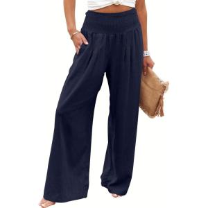 ANRABESS Women Linen Palazzo Pants Summer Boho Wide Leg High Waist Casual Lounge Pant 2025 Beach Travel Vacation Outfits(Navy Blue)