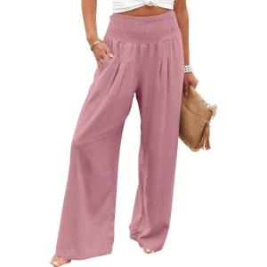 ANRABESS Women Linen Palazzo Pants Summer Boho Wide Leg High Waist Casual Lounge Pant 2025 Beach Travel Vacation Outfits(Pink)
