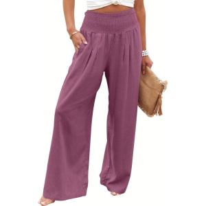ANRABESS Women Linen Palazzo Pants Summer Boho Wide Leg High Waist Casual Lounge Pant 2025 Beach Travel Vacation Outfits(Purple)