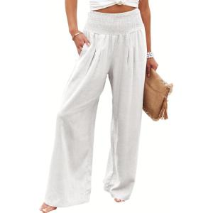 ANRABESS Women Linen Palazzo Pants Summer Boho Wide Leg High Waist Casual Lounge Pant 2025 Beach Travel Vacation Outfits(White)