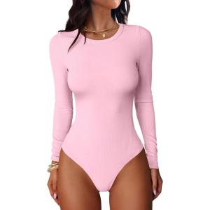 ANRABESS Women Long Sleeve Crew Neck Bodysuits Top 2025 Fall Slim Fit Ribbed Knit Soft Basic Tee Shirts(Bright Pink)