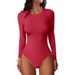 ANRABESS Women Long Sleeve Crew Neck Bodysuits Top 2025 Fall Slim Fit Ribbed Knit Soft Basic Tee Shirts(Bright Red)