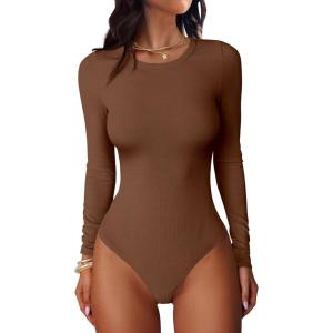 ANRABESS Women Long Sleeve Crew Neck Bodysuits Top 2025 Fall Slim Fit Ribbed Knit Soft Basic Tee Shirts(Brown)