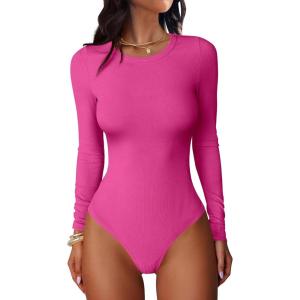 ANRABESS Women Long Sleeve Crew Neck Bodysuits Top 2025 Fall Slim Fit Ribbed Knit Soft Basic Tee Shirts(Hot Pink)