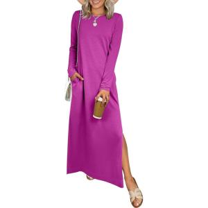 ANRABESS Women Long Sleeve Dresses 2025 Fall Casual Crewneck Loose Fit Split Flowy Wrinkle-Free Travel Vacation Maxi Dress(Purple Red)
