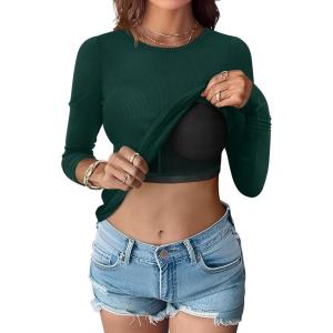 ANRABESS Women Long Sleeve Shirts Built-in Bra Crewneck Rib Knit Slim Fit Basic Tee Tops 2025 Fall Casual T-Shirt Base Layer(Deep Green)