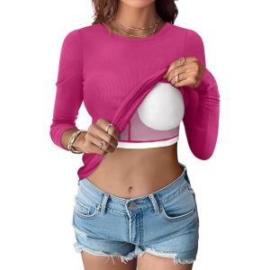 ANRABESS Women Long Sleeve Shirts Built-in Bra Crewneck Rib Knit Slim Fit Basic Tee Tops 2025 Fall Casual T-Shirt Base Layer(Hot Pink)