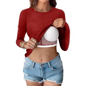 ANRABESS Women Long Sleeve Shirts Built-in Bra Crewneck Rib Knit Slim Fit Basic Tee Tops 2025 Fall Casual T-Shirt Base Layer(Red)