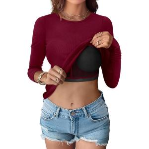 ANRABESS Women Long Sleeve Shirts Built-in Bra Crewneck Rib Knit Slim Fit Basic Tee Tops 2025 Fall Casual T-Shirt Base Layer(Wine Red)